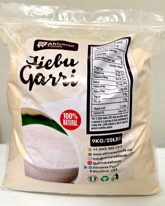 A 20lbs 9kg bag of Afriverse Foods IJEBU Garri, a traditional Nigerian African food staple prepared with groundnut or soup.