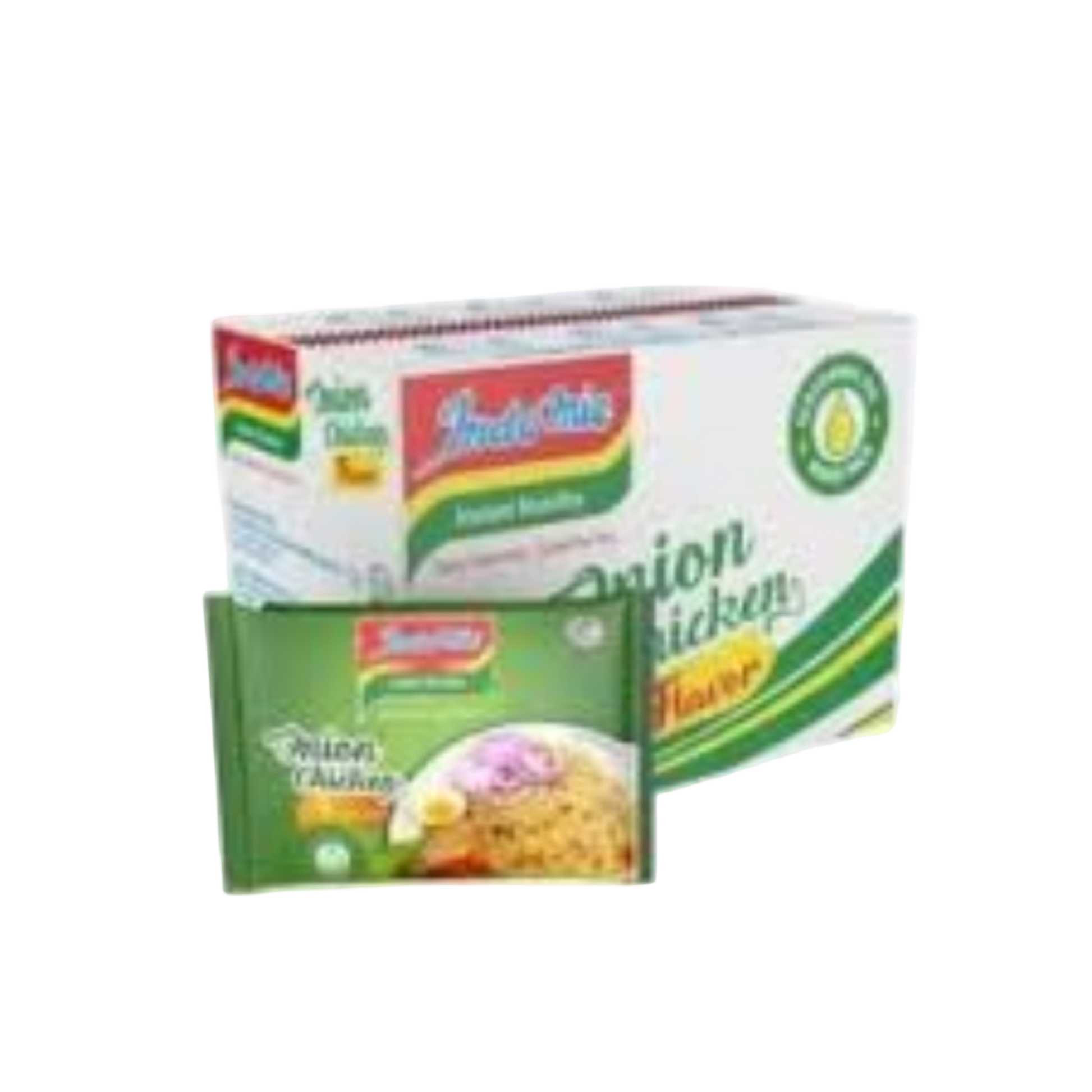 Two images of Indomie instant noodles (Pack and Unit) with Onion Chicken Flavor on a white background.
