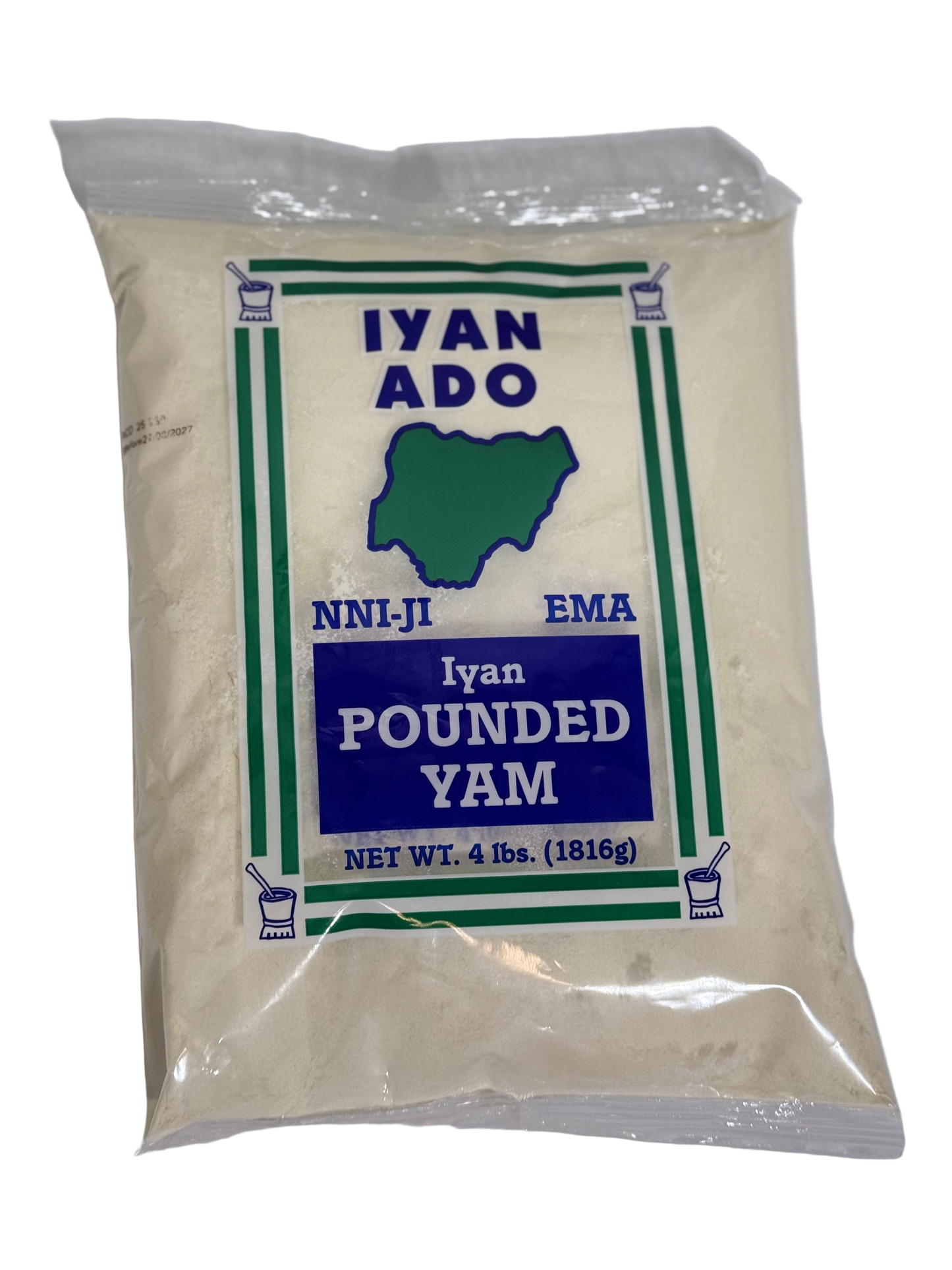 Package of Iyan Ado pounded yam on a white background