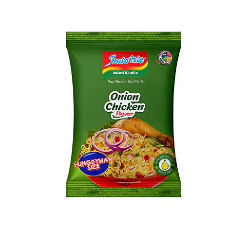 Green package of Indomie Onion Chicken flavor instant noodles on a white background