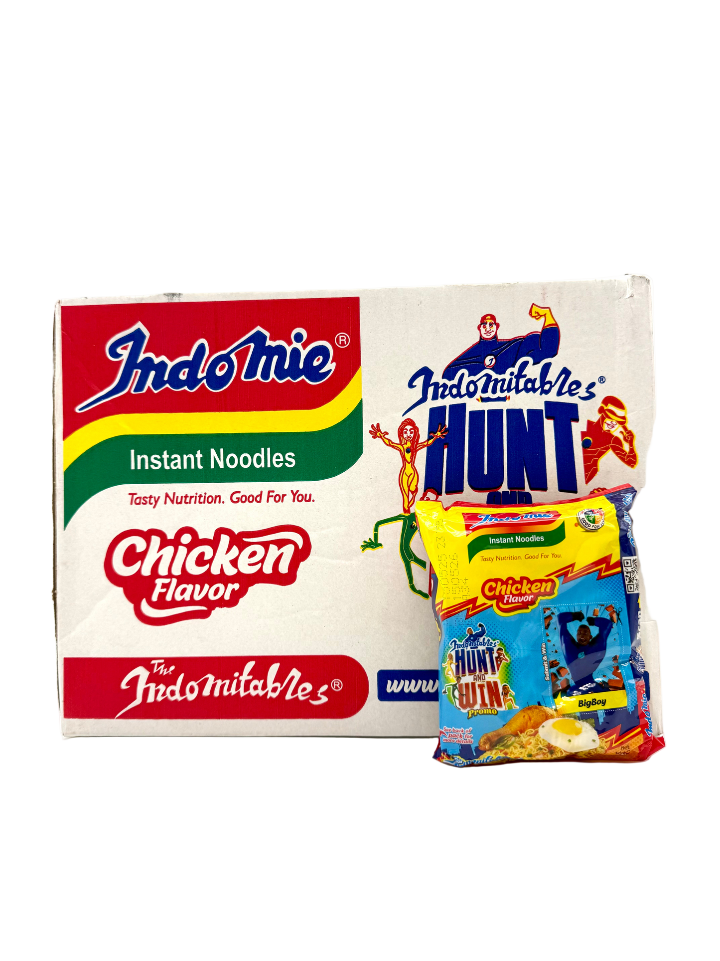 Indomie instant noodles box and Indomitable's Hunt snack package on a white background