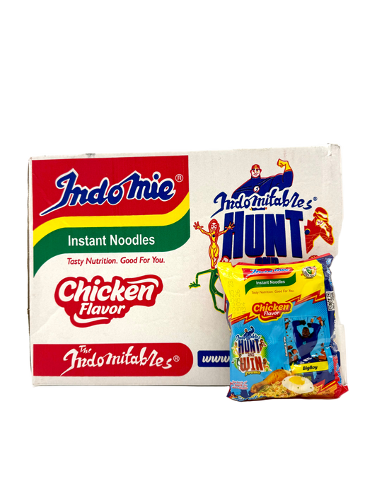 Indomie instant noodles box and Indomitable's Hunt snack package on a white background