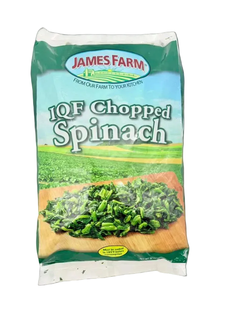 Bag of James Farm IQF Chopped Spinach on a white background