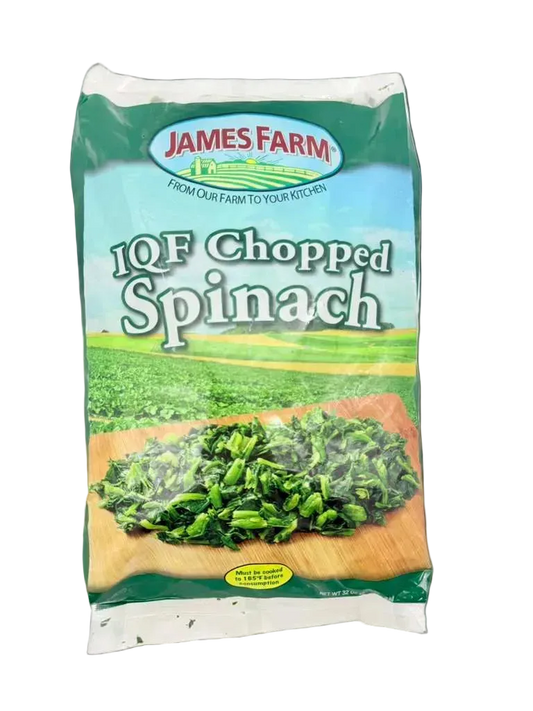 Bag of James Farm IQF Chopped Spinach on a white background
