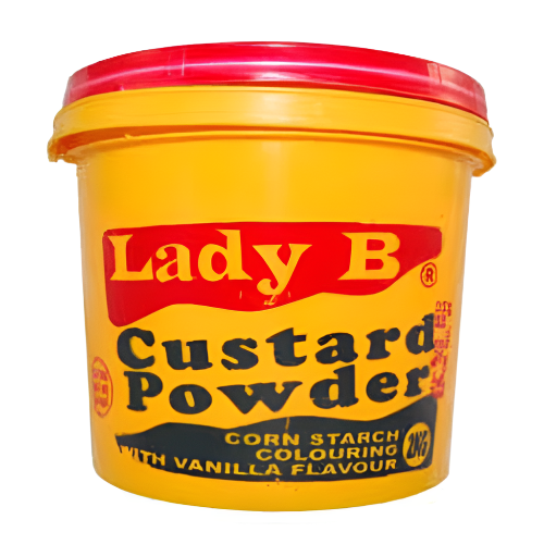 Yellow bucket of Lady B Custard Powder with a red lid on a white background