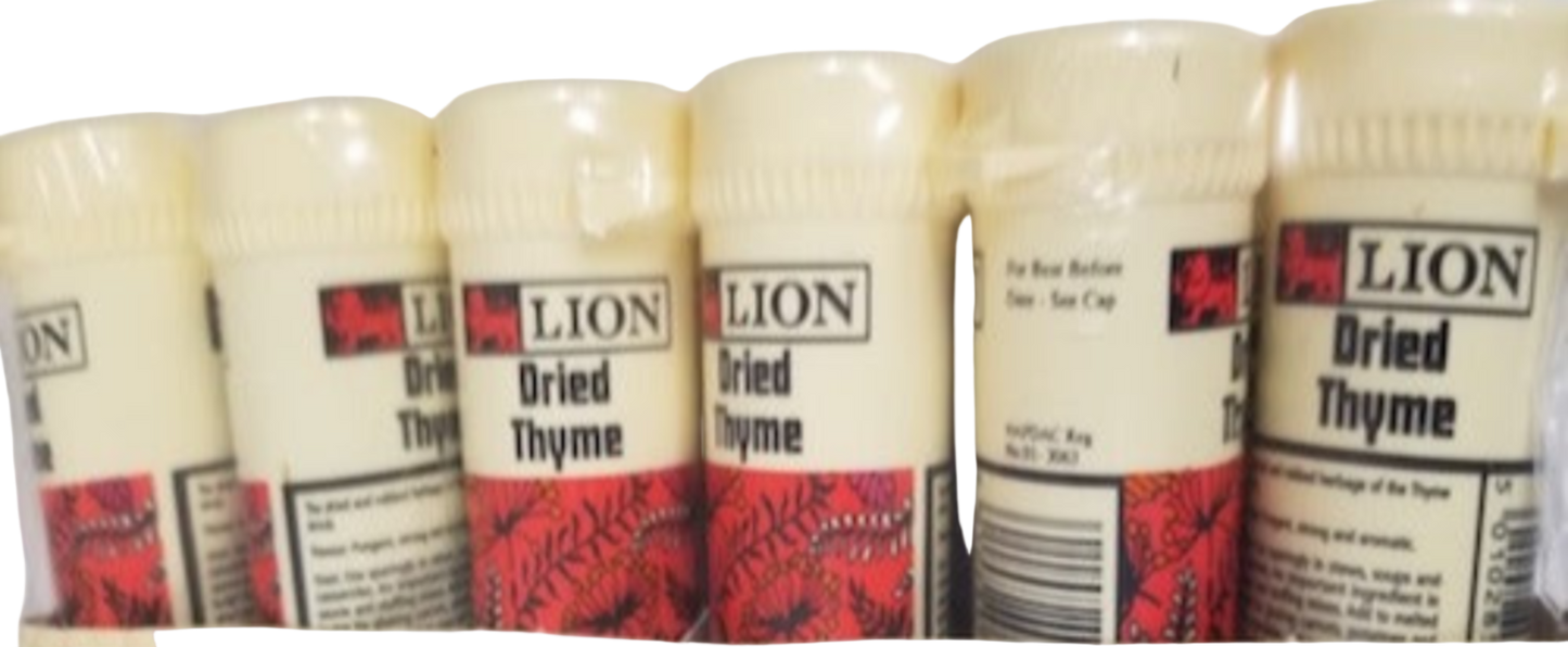 Crate of Lion Dried Thyme containers on a white background
