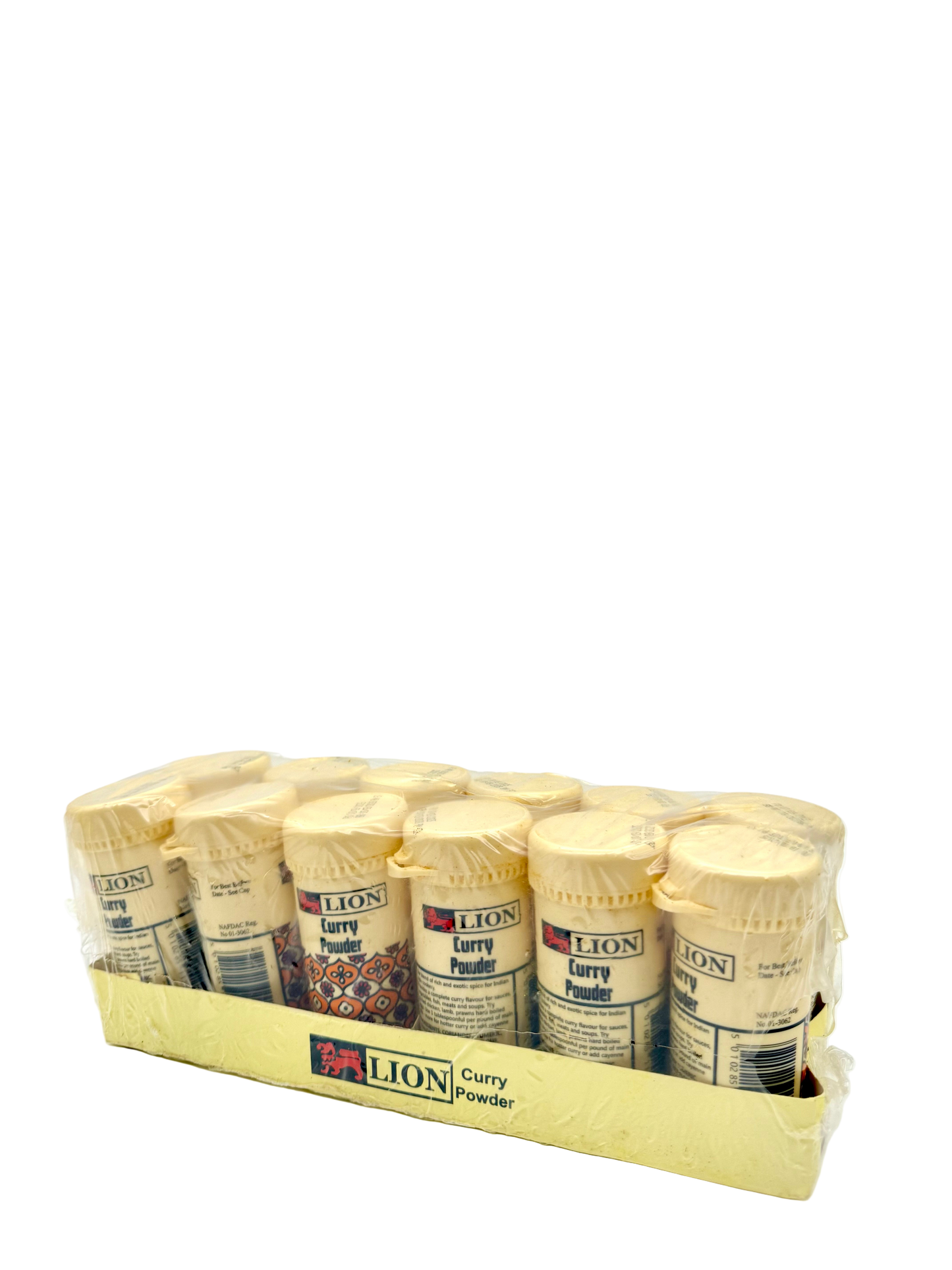 Set of Lion Curry Powder bottles in a cardboard holder on a white background