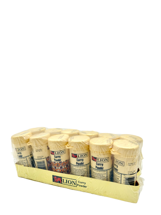 Set of Lion Curry Powder bottles in a cardboard holder on a white background