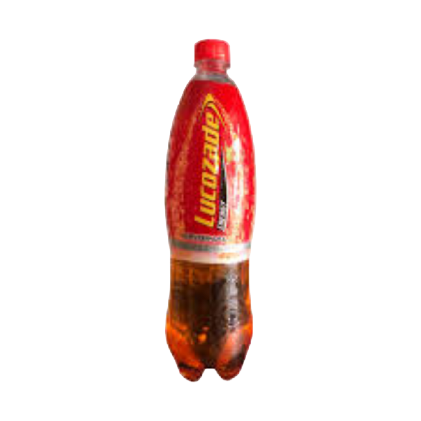 Red and orange bottle with a label on a white background