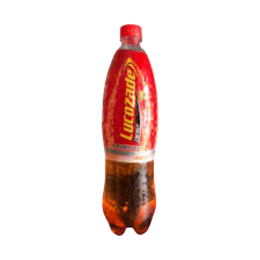 Red and orange bottle with a label on a white background