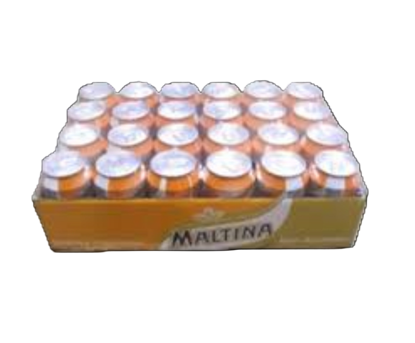 Box of Maltina drinks with multiple cans on a white background