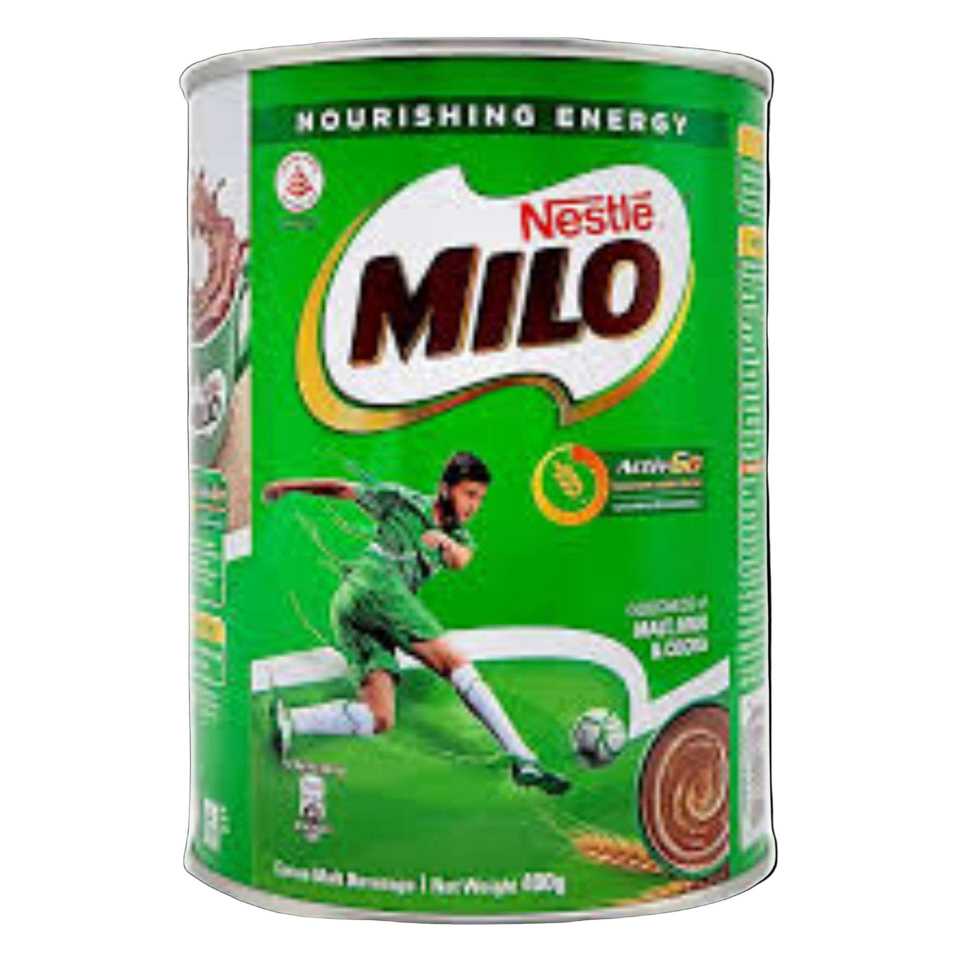 Nestle Milo powder can with a soccer player on the label