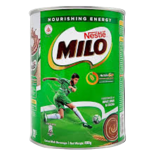 Nestle Milo powder can with a soccer player on the label
