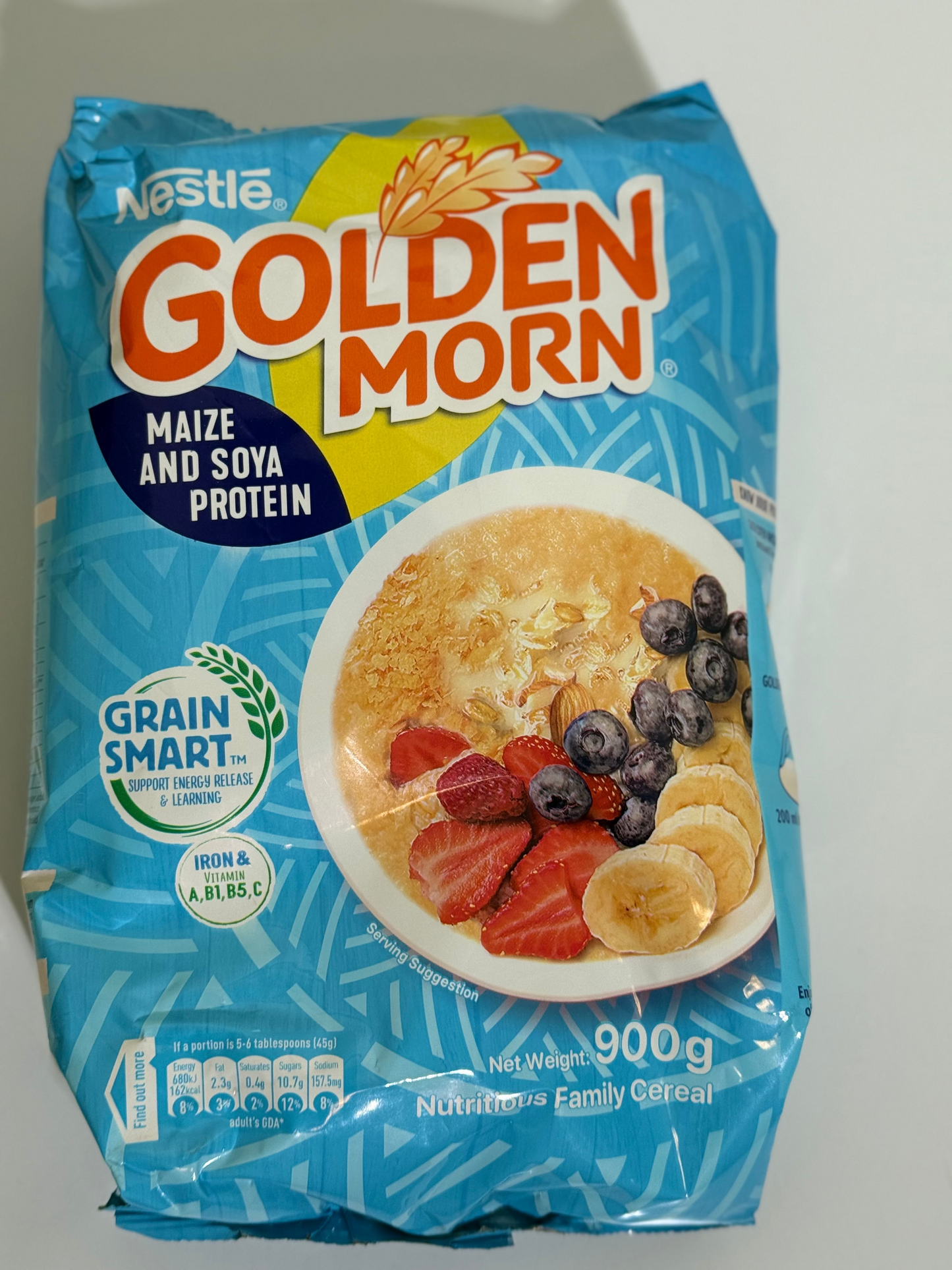 Package of Golden Morn cereal with a blue background