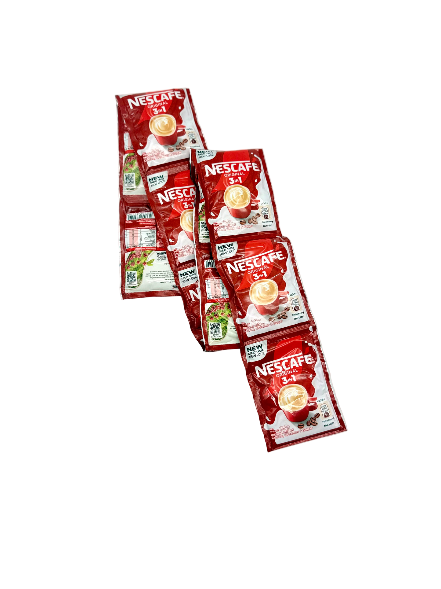 Multiple Nescafe 3in1 coffee packs arranged on a white background