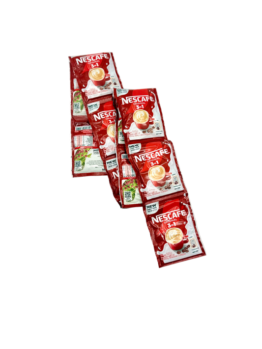 Multiple Nescafe 3in1 coffee packs arranged on a white background