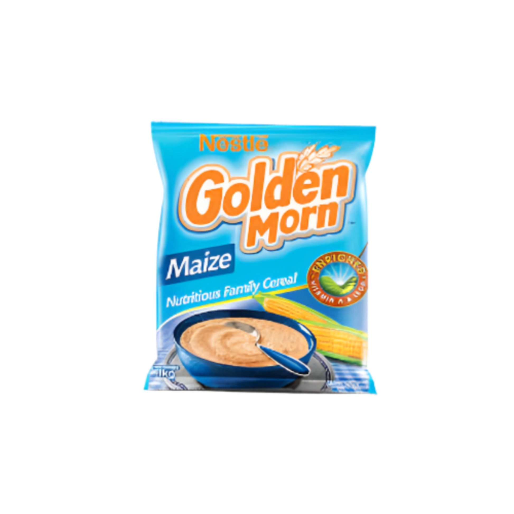 Nestle Golden Morn Maize cereal packaging on a white background