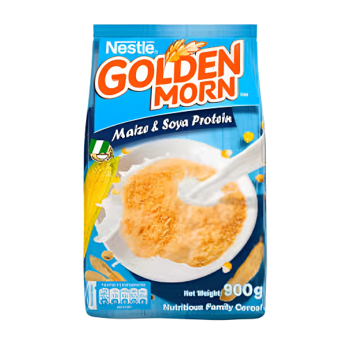 Nestle Golden Morn cereal package with a bowl of cereal and milk on a white background