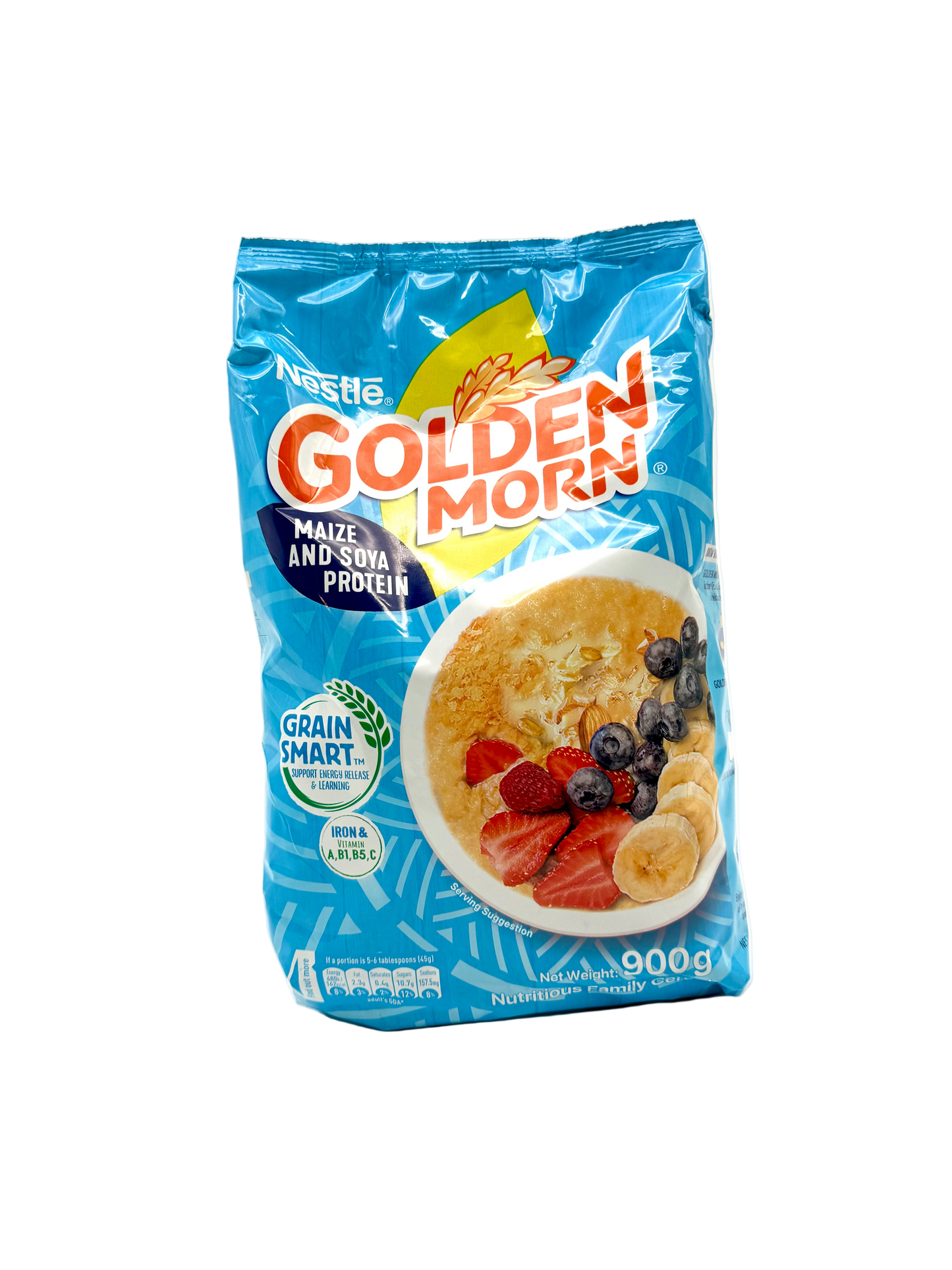Nestle Golden Morn cereal package on a white background