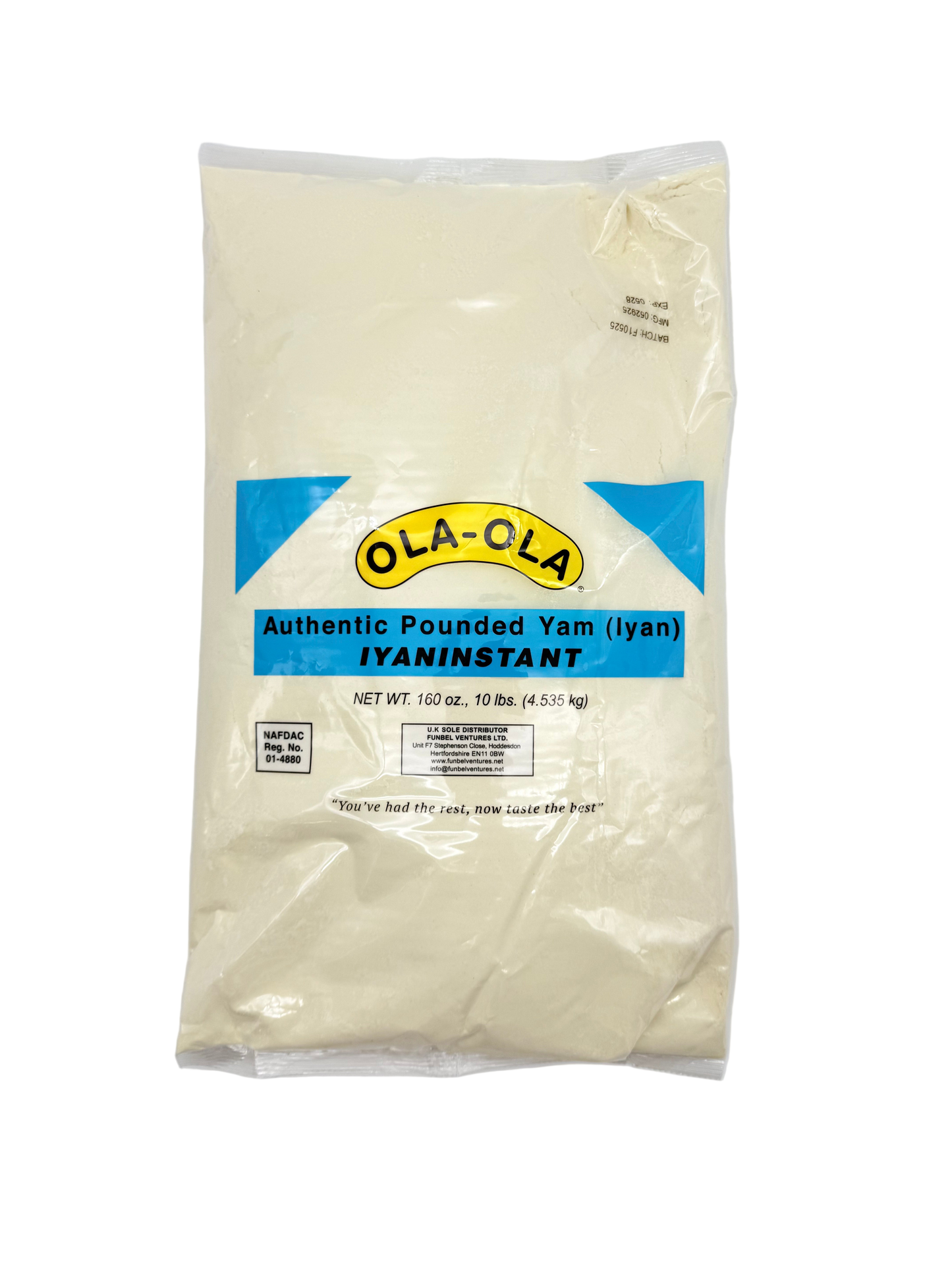 Package of OLA-OLA instant pounded yam on a gray background