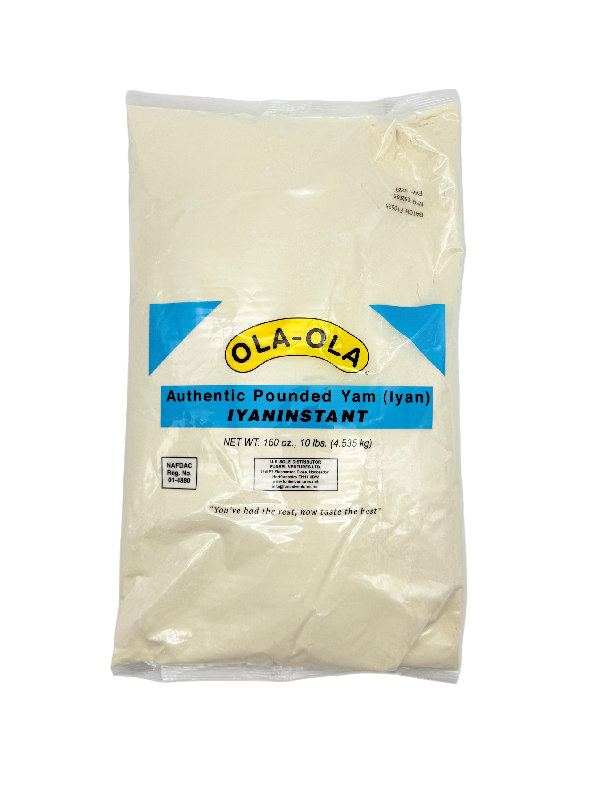 Package of OLA-OLA instant pounded yam on a gray background