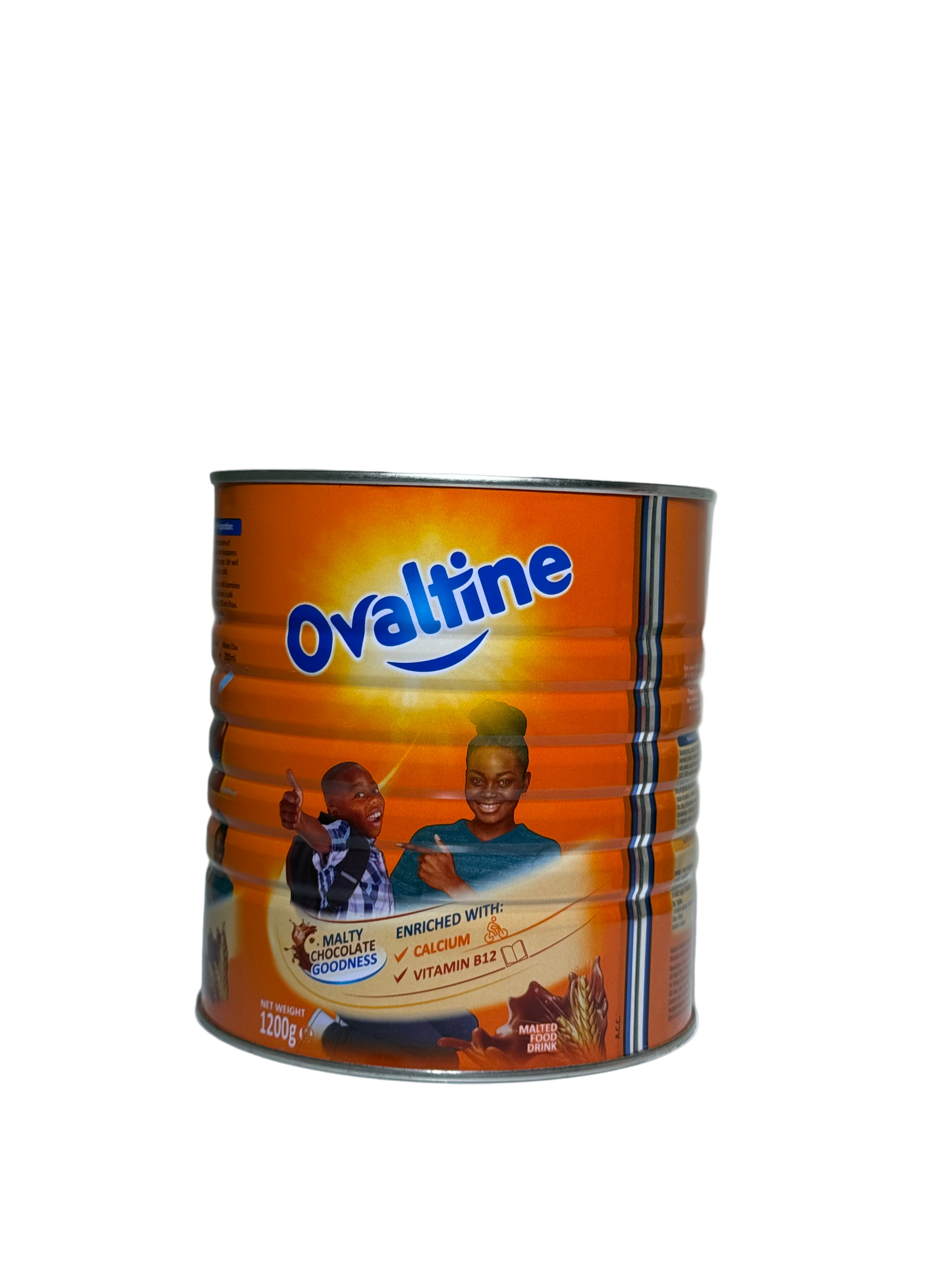 Ovaltine can with two children on the label against a white background