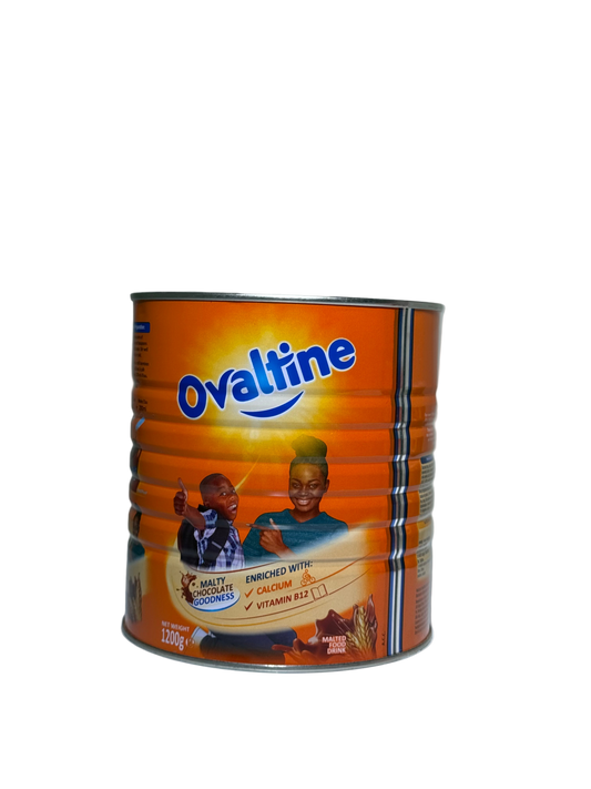 Ovaltine can with two children on the label against a white background