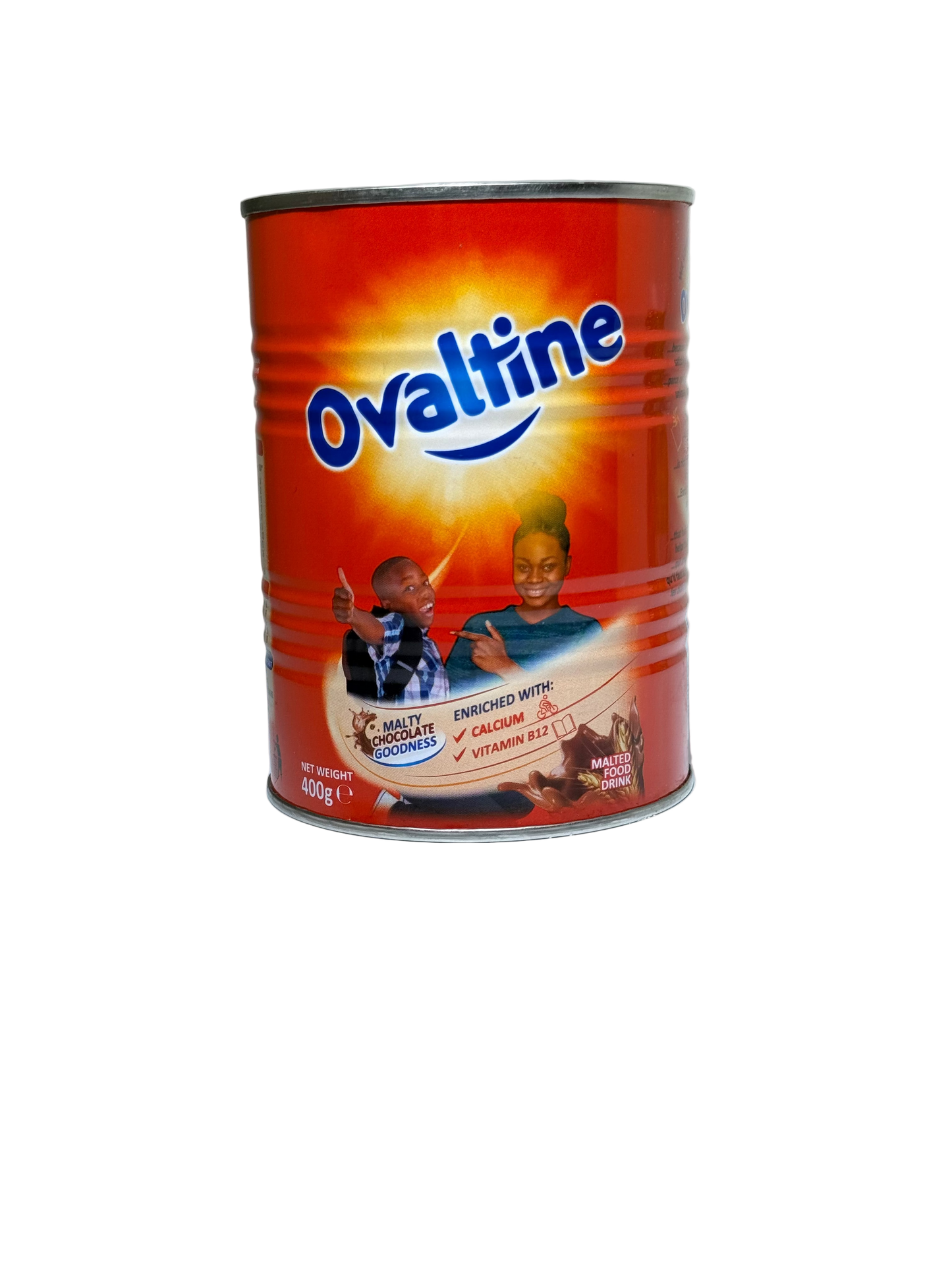 Ovaltine can with two people on the label against a white background