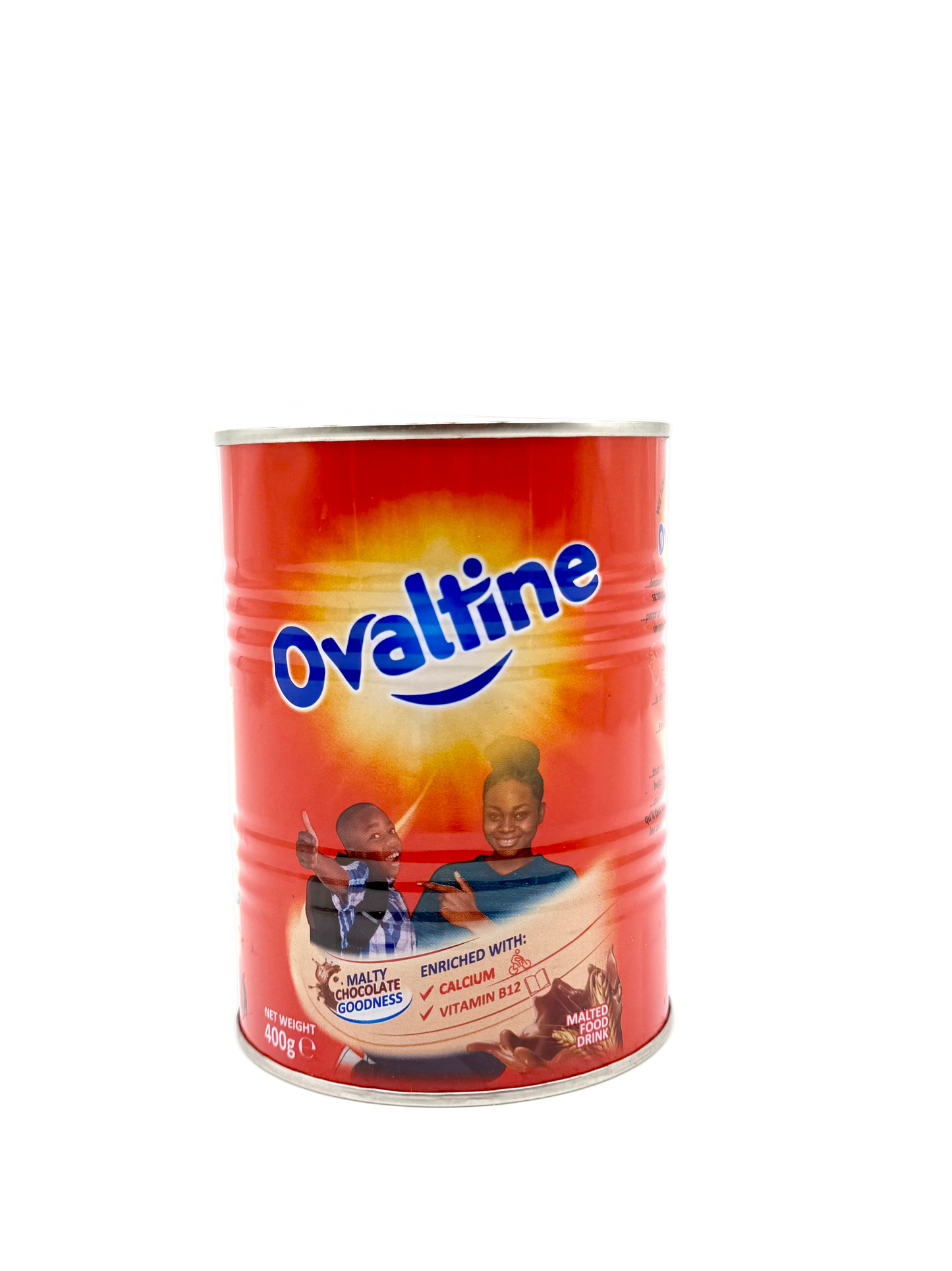 Ovaltine can with two children on a white background