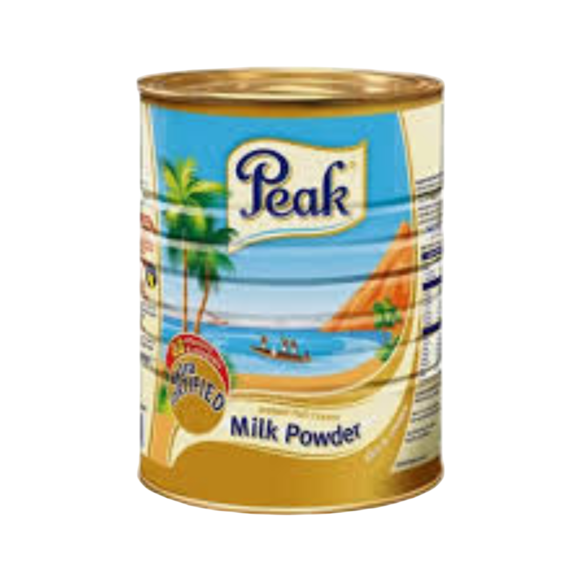Can of Peak milk powder with a scenic label on a white background