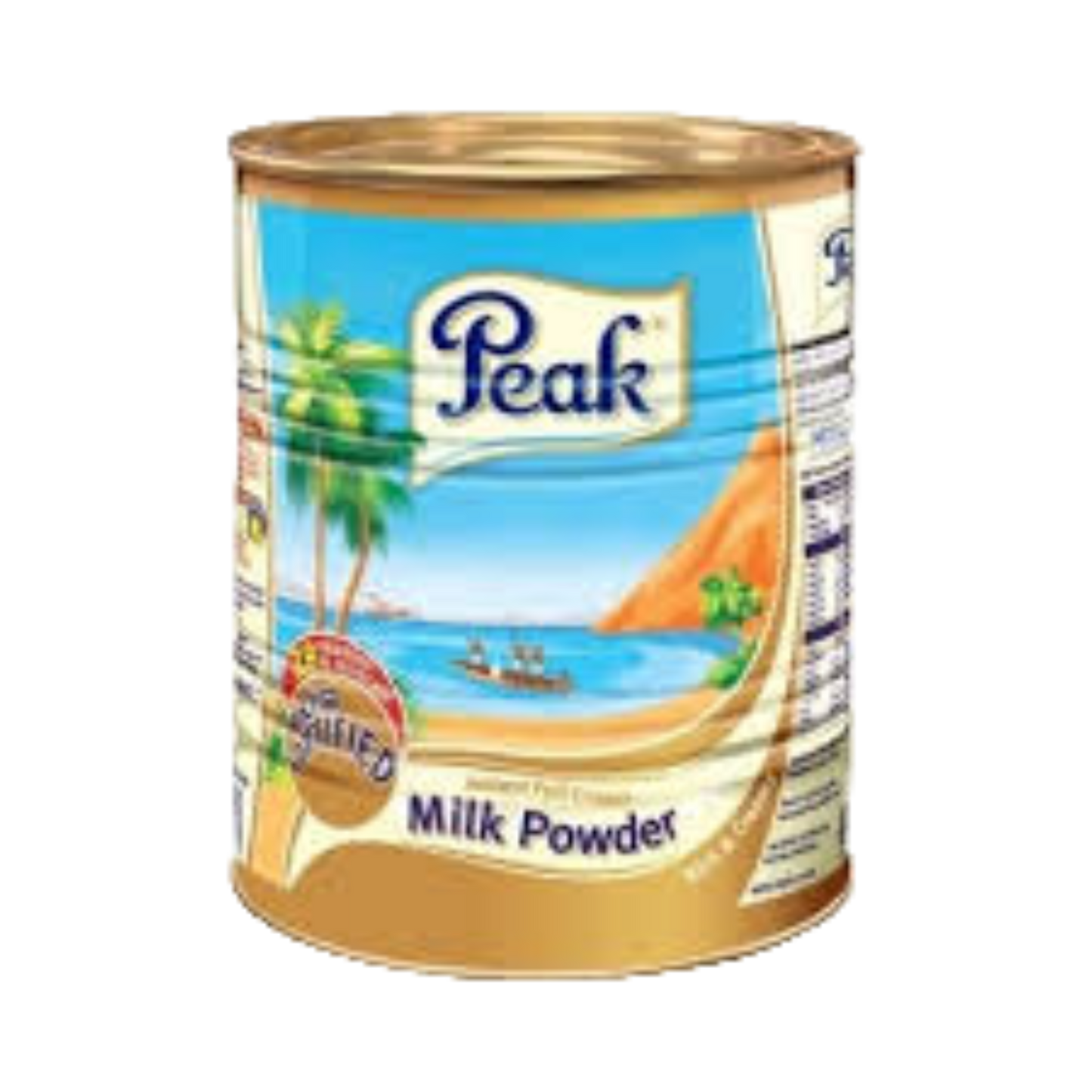 Peak milk powder can with a scenic label on a white background
