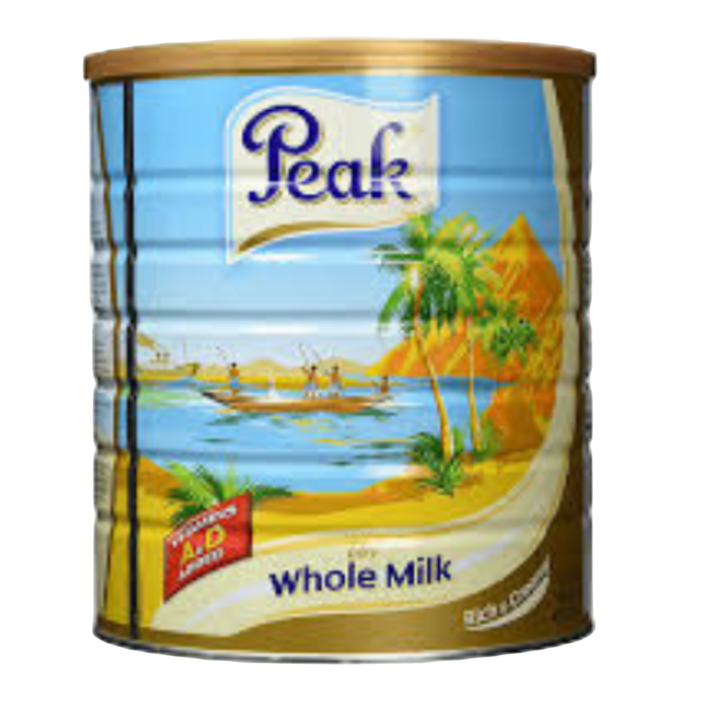 Peak whole milk can with a scenic label on a white background