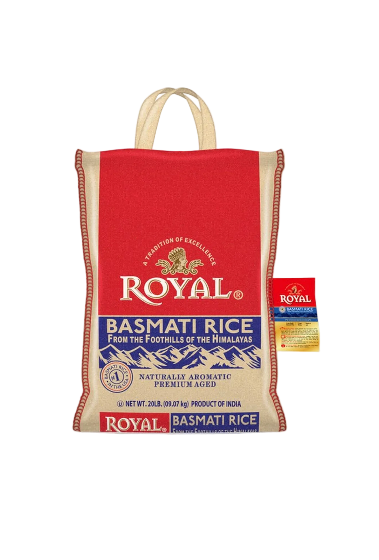 Bag of Royal Basmati Rice with a red label on a white background