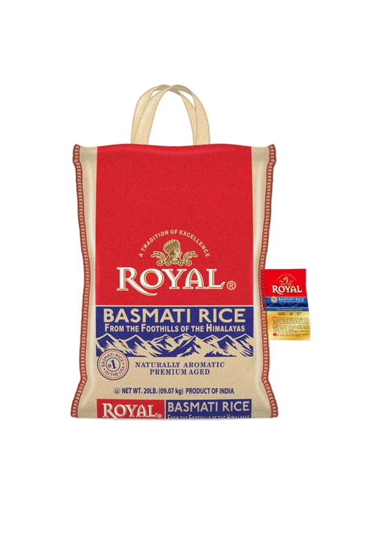 Bag of Royal Basmati Rice with a red label on a white background
