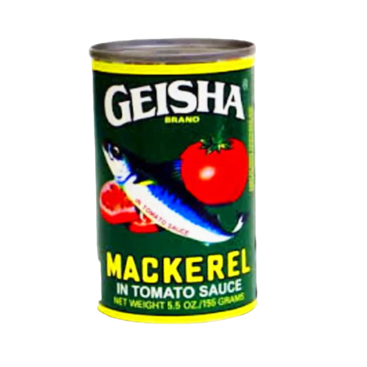 Can of Geisha Brand Mackerel in Tomato Sauce on a white background