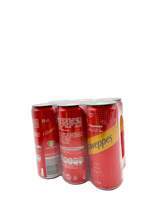 Six Schweppes cans stacked on a white background