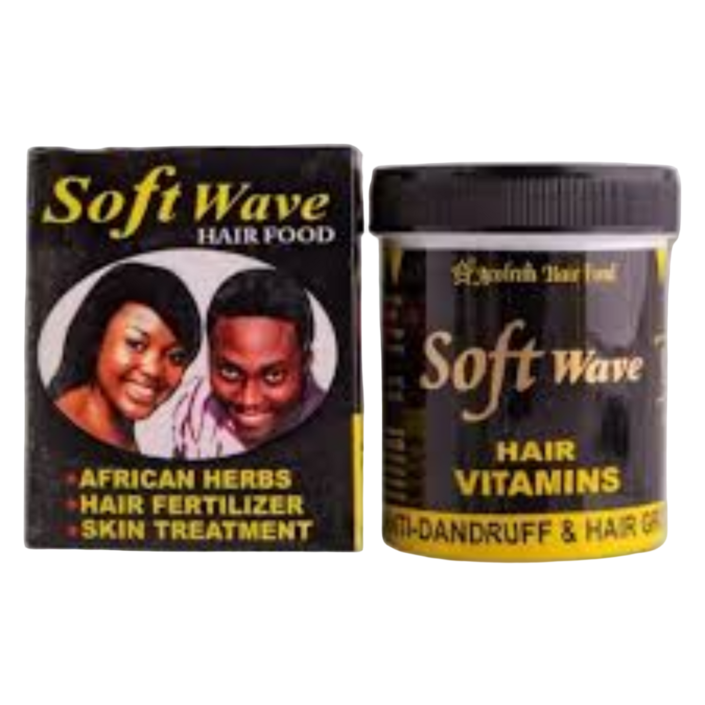 Containers of Soft Wave hair care products on a white background