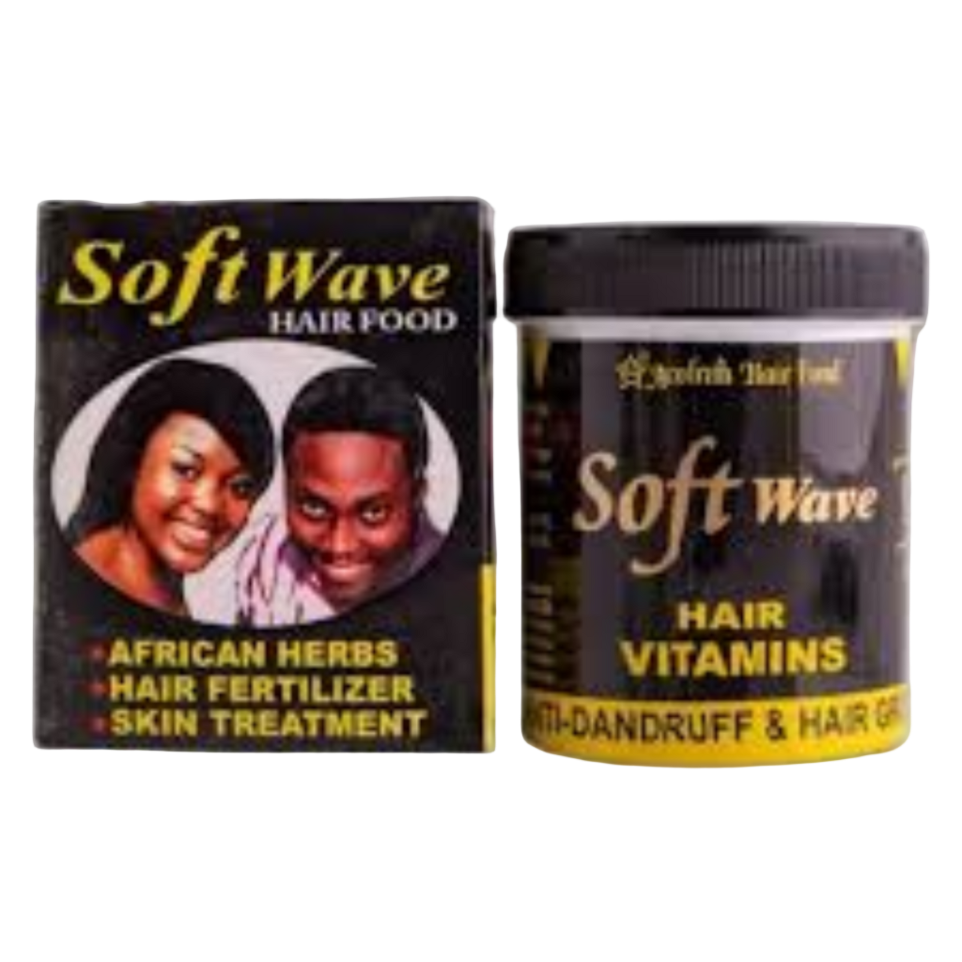 Containers of Soft Wave hair care products on a white background