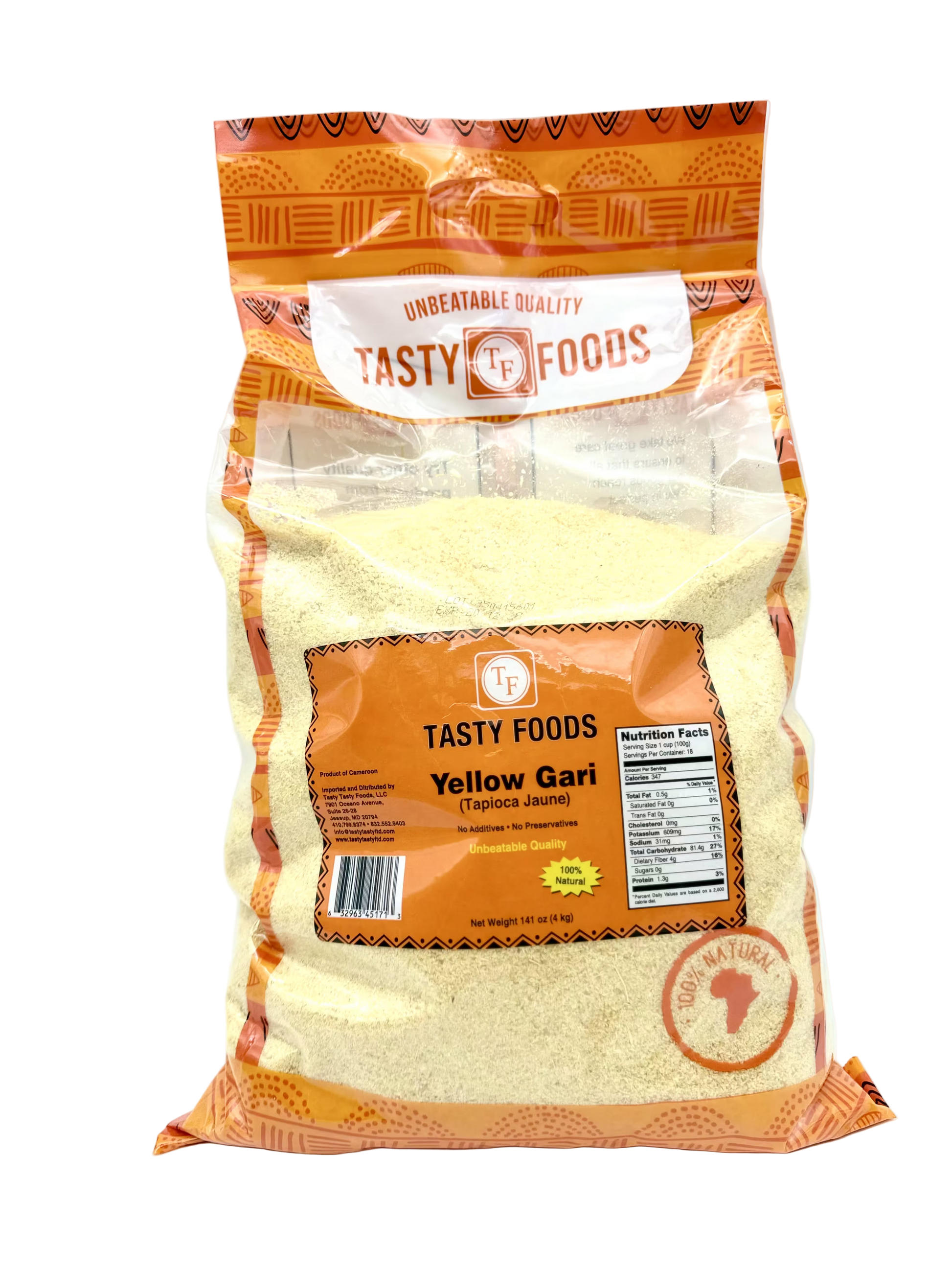 Bag of Tasty Foods Yellow Gari on a white background