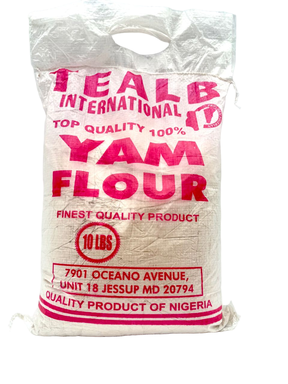Bag of Teal B International Yam Flour on a white background