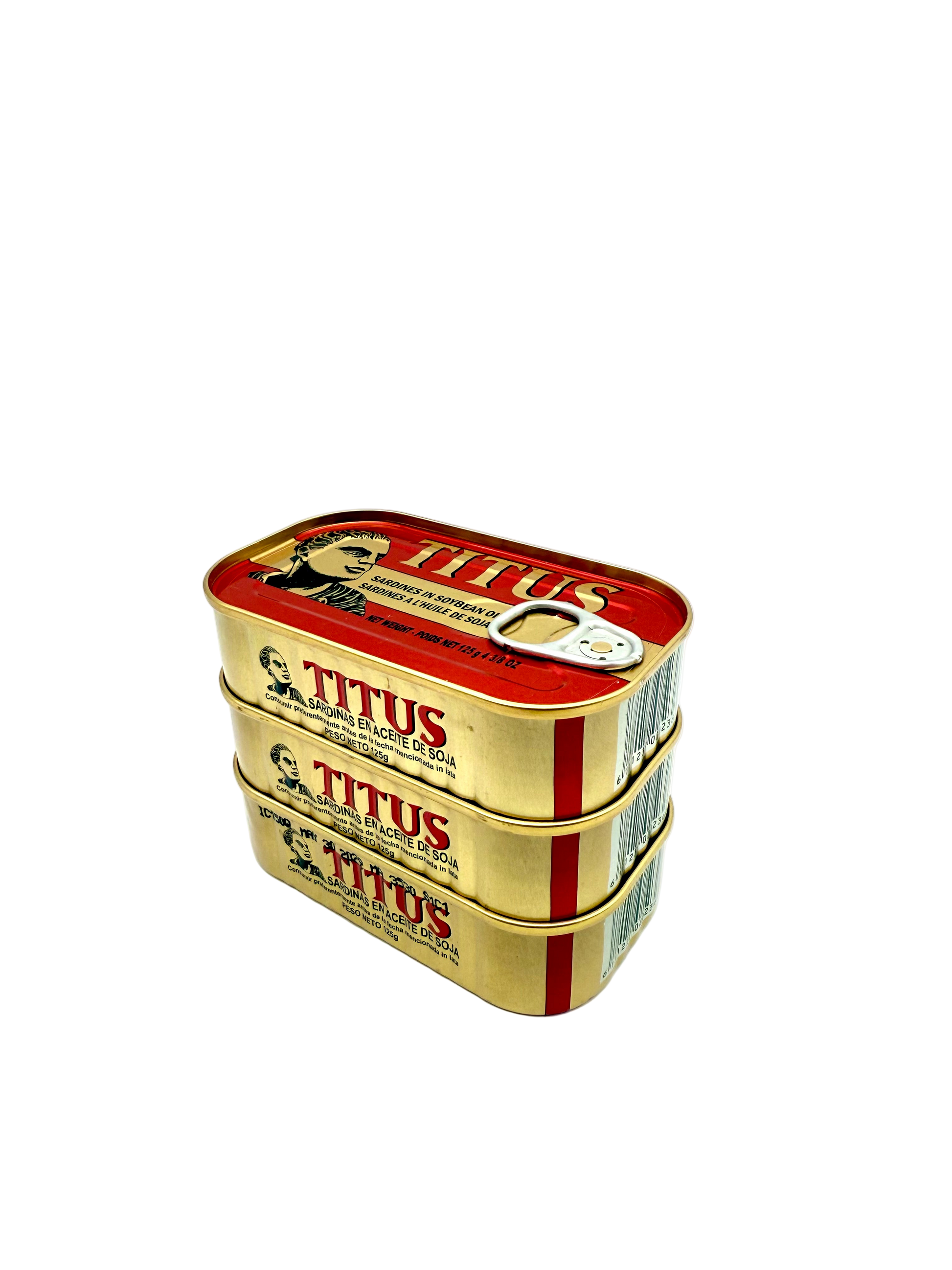 Stack of Titus brand tins on a white background