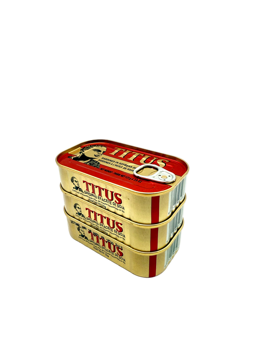 Stack of Titus brand tins on a white background