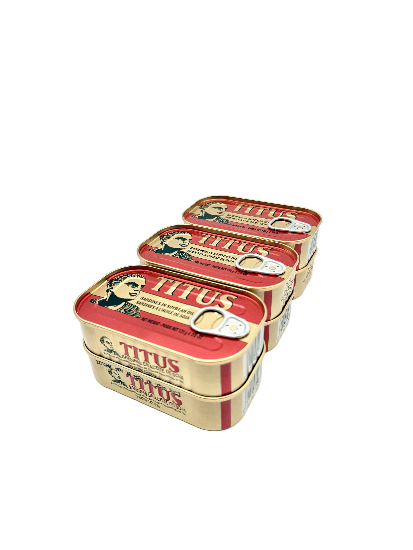 Three tins of Titus products stacked on a white background