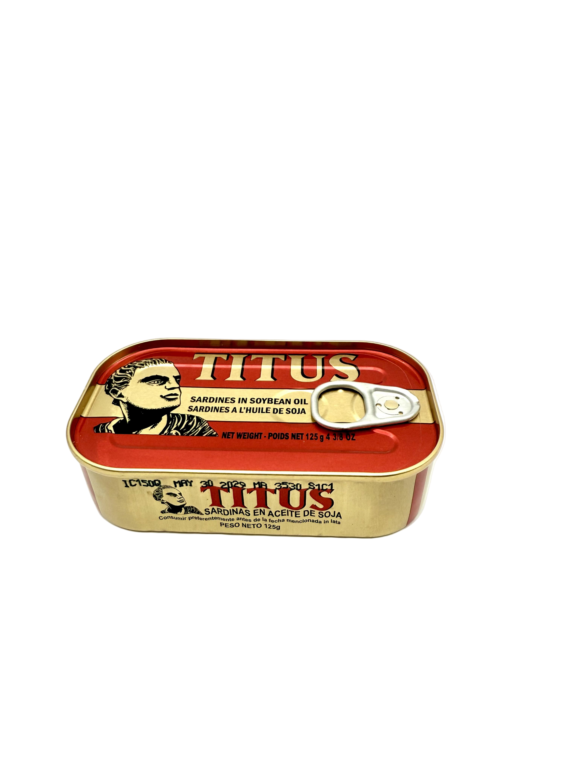 Red and gold can of Titus sardines on a white background