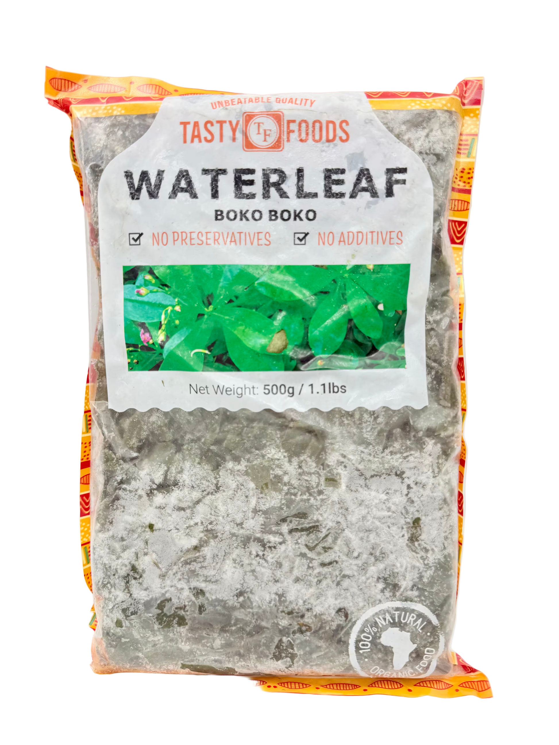 Packaged waterleaf or Boko Boko from Tasty Foods label on a white background