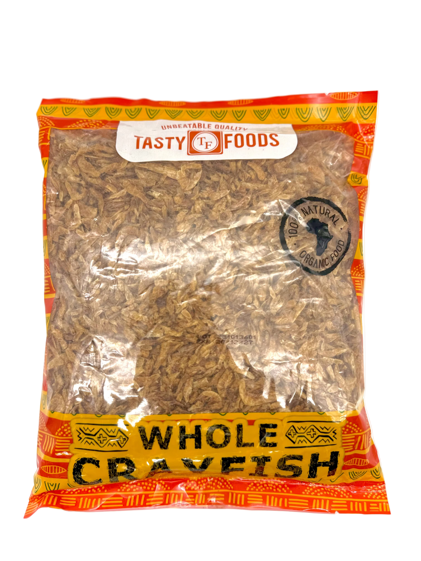 Bag of Tasty Foods whole crayfish on a white background