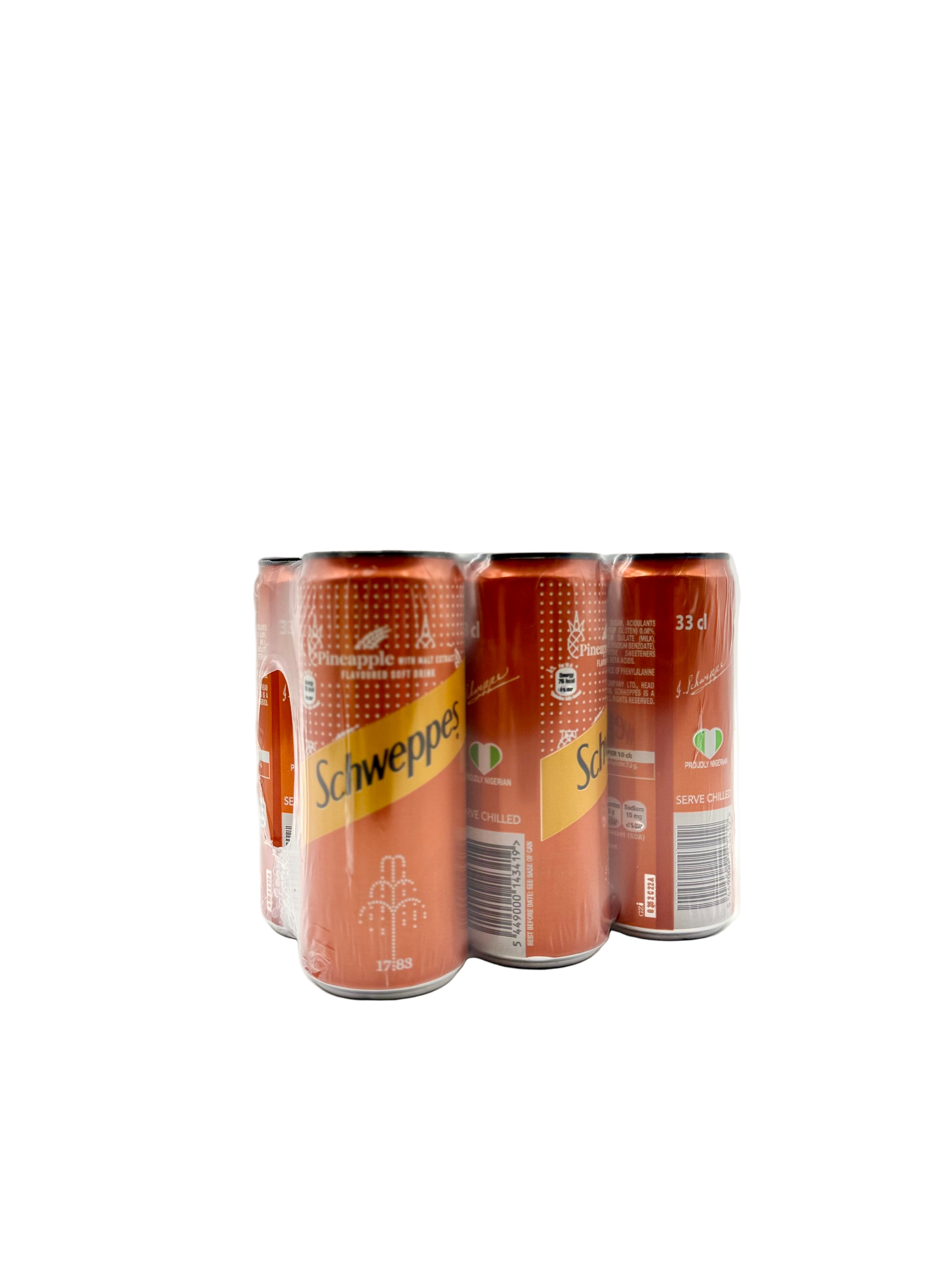 Schweppes Pineapple plus malt extract soda cans on a white background