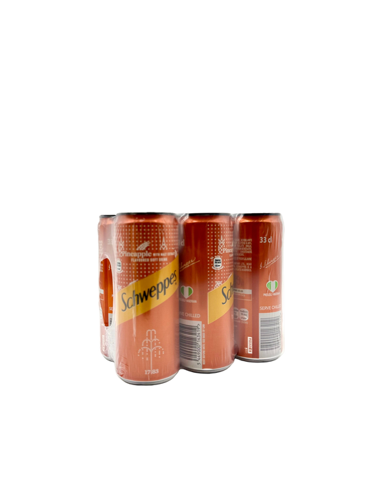 Schweppes Pineapple plus malt extract soda cans on a white background
